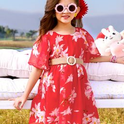 Hola Bonita Woven  Half Sleeves Knee Length Floral Printed  Dress - Red-image-97