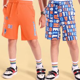 Honeyhap Premium  100% Cotton Knit Knee Length Shorts with Alphabet Print Pack of 2 - Blue Quartz & Nectarine-image-57