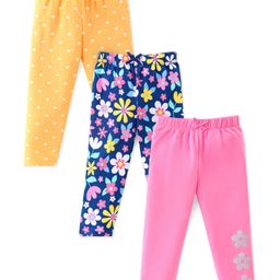 Babyhug Cotton Lycra Knit Full Length Leggings Floral Printed Pack of 3 - Pink Blue & Yellow-image-65