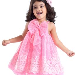Babyhug Sleeveless Party Frock with Bow Applique - Pink-image-87