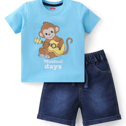 Babyhug Cotton Knit Half Sleeves T-Shirt & Denim  Shorts Set with Monkey Print - Blue-picture-13