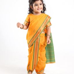 Babyhug Half Sleeves Blouse And Zari Bordered Nauvari Saree - Yellow-image-4