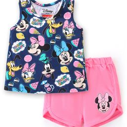 Babyhug Disney Cotton Knit Single Jersey Sleeveless T-Shirt & Shorts with Minnie Mouse Family Print - Navy Blue & Pink-image-4