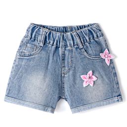 Kookie Kids Solid Shorts with Floral Applique - Blue-image-65
