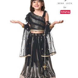 Babyhug  Sleeveless Sequenced Corddori   Embroidered Choli Lehenga & Frill Net Dupatta Set- Black-image-4