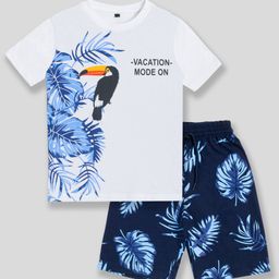 Unicorns Cotton Half Sleeves  Tropical Vacation Bird Printed Co Ord Set - White & Blue-image-69
