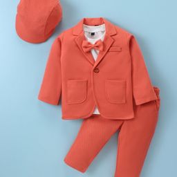 Robo Fry Knit Full Sleeves Striped T-Shirt & Trouser Set with Hat Blazer & Attached Bow - Peach-picture-21