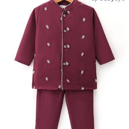 Babyoye Woven Full Sleeves Floral Embroidered Kurta Dhoti Set - Dark Red-image-28