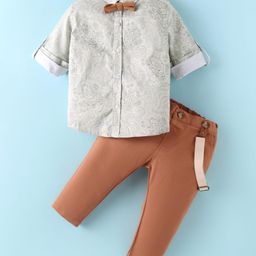 ToffyHouse 100% Cotton Woven Full Sleeves Floral Printed Shirt & Trouser Set with Bow & Suspender - Brown & Off White-image-92