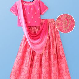 Pine Kids Woven Half Sleeves Choli Lehenga & Dupatta Set with Floral Embroidery & Foil Print - Pink-image-25