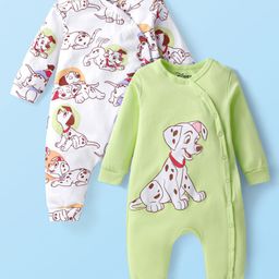 Babyoye Disney Interlock Knit Full Sleeves Front Open Rompers with 101 Dalmatians Print Pack of 2 - White & Green-image-99