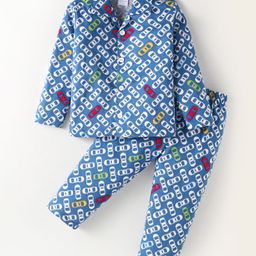 Ollypop Sinker Knit Full Sleeves Vehicle Printed Night Suit - Blue-image-96
