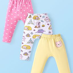 Babyhug Interlock Knit Full Length Diaper Leggings Animal Print Pack of 3 - Pink White & Yellow-image-72
