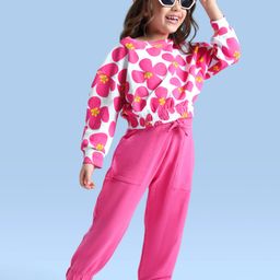Ollington St. 100% Cotton WinterwearSet Floral Printed Full Sleeves Top & Joggers - Dark Pink-image-43