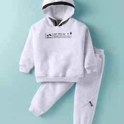 Little Kangaroos Fleece Knit Full Sleeves Winter Wear Hooded Sweatshirt & Lounge Pant Set With Text Print - White-image-31