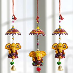 eCraftIndia Set of 3 Handcrafted Decorative Lord Ganesha Wall/Door/Window Hangings with Bells Showpieces-image-3