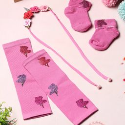 Tipy Tipy Tap Pearl Embellished Unicorn Designed Leg Warmers With Socks & Headband - Pink-image-36