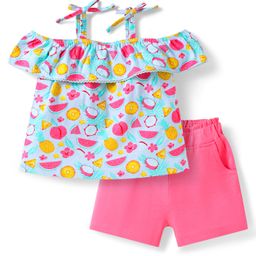 Babyhug Single Jersey Knit Cold Shoulder Sleeves Top & Shorts Set with Fruits & Floral Print - Dark Pink & Light Blue-image-83
