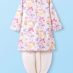 Babyhug Cotton Woven Full Sleeves Kurta Dhoti Set With Floral Print - White-image-35