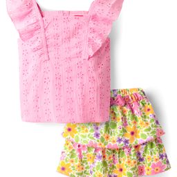 Babyhug Single Jersey Knit Frill Sleeves Chifilli Top & Layered Skirt Set with Floral Print - Yellow & Pink-image-99