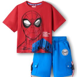 Pine Kids Marvel Single Jersey Knit Half Drop Shoulder Sleeves Oversized T-Shirt & Shorts Set With Spider-Man Graphics Badge & Buckle Detailing - Red & Blue-image-5
