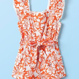 Babyhug Cotton Knit Frill Sleeves Jumpsuit With Floral Print & Fabric Belt - Orange-image-94