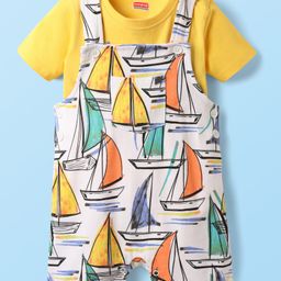 Babyhug Single Jersey Knit Ship Printed Dungaree Half Sleeves Inner Tee - Yellow-image-70