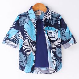 Rikidoos Full Sleeves Leaves Printed Shirt With Attached Tee - Navy Blue-image-105
