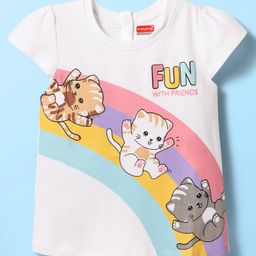 Babyhug Cotton Knit Half Cap Sleeves T-Shirt with Kitty Print - White-image-75