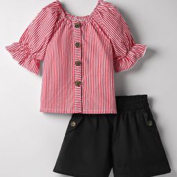Mark & Mia Cotton Woven Half Sleeves Striped Front Open Top & Shorts Set - Red & Black-image-25