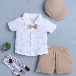 BUMZEE Cotton Half Sleeves Teddy Bear Printed Shirt & Shorts With Attached Bow Suspender & Cap Set - White & Beige-image-32