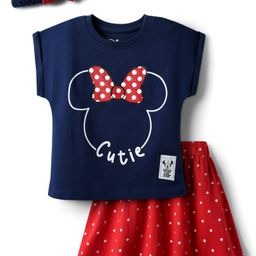 Babyhug Disney Single Jersey Knit Half Sleeves Top & Skirt With Headband & Minnie Mouse Graphics & Badge Detailing - Navy Blue & Red-image-35