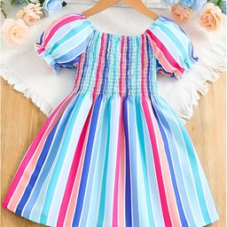 Bolly Lounge Cotton Blend Half Puffed Sleeves Striped Smock Detailed Dress - Sky Blue-image-3