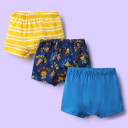 Babyhug 100% Cotton Single Jersey Knit Trunks With Stripes & Animal Print Pack Of 3 - Yellow Navy Blue & Royal Blue-image-90