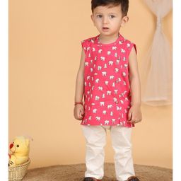 Polka Tots Cotton Sleeveless Baby Elephants Printed Jhabla & Pant Set - Pink-image-36