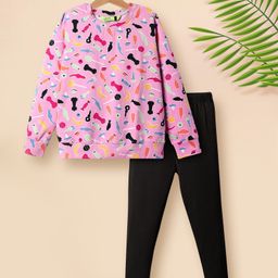Tiara Cotton Spandex Knit Full Sleeves Doodle Art Printed Top & Leggings Set - Pink-image-62