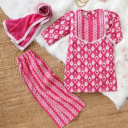 Desi Soota Cotton Woven Three Fourth Sleeves Abstract Printed Kurta & Coordinating Pant With Dupatta Set - Pink-image-81