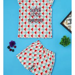RAINE AND JAINE Cotton Knit Frill Sleeves That Is My Super Cool And Amazing Sleep Foreever Text Printed Coordinating Night Suit Set - Green & Red-image-31