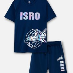 Nap Chief Cotton Knit Half Sleeves ISRO Space Theme Printed Relaxed Fit Tee & Shorts Set - Navy Blue-image-91