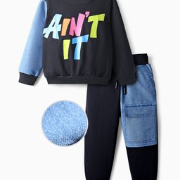 OLLINGTON ST. Cotton Full Sleeves Text Printed Top & Denim Pant Set - Black & Blue-picture-18