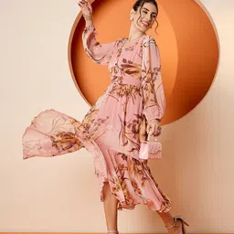 Antheaa Floral Print Puff Sleeve Chiffon Fit & Flare Midi Dress-image-22