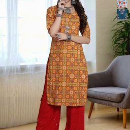 HERE&NOW Women Pack of 3 Ethnic Motifs Printed Round Neck Crepe Straight Kurta-image-9