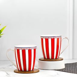 UPC Red & White 2 Pieces Striped Printed Dishwasher Safe Ceramic Glossy Mugs-12