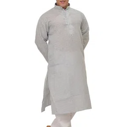 Exotic India Checked Mandarin Collar Pure Cotton Straight Kurta With Trouser-image-54