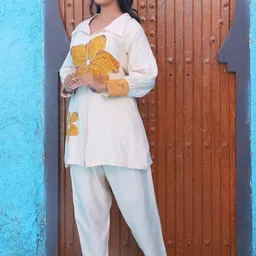 Kaftanize Floral Printed & Embroidered Top With Trousers Co-Ords-6