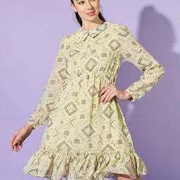 Slenor Geometric Print Georgette Fit & Flare Mini Dress-image-73
