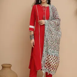 Tulsattva Women Printed Regular Kurta with Trousers & With Dupatta With Lace Detail-1