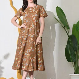 Sangria Floral Printed Keyhole Neck Cotton Fit & Flare Midi Dress-picture-53