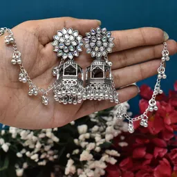 MEIRA JEWELLERY Silver-Plated Artificial Studded & Beaded Oxidised Dome Shaped Jhumkas-image-47