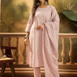 Sangria Ethnic Buti Printed Cotton Straight Kurta With Trousers & Dupatta-25